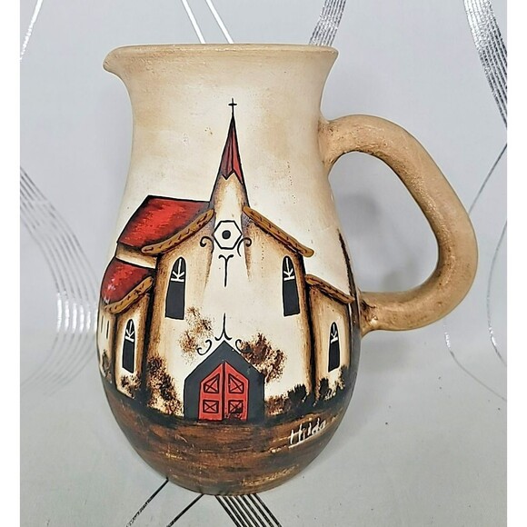Hilda Artisan Ceramic Stoneware‎ Serveware Pitcher Religious Church Landscape - Picture 1 of 15